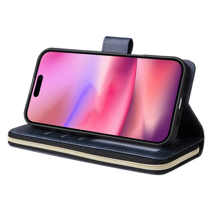 For iPhone 16 Case 9 Card Slots PU Leather Zipper Wallet Phone Cover