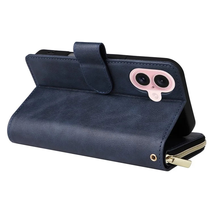 For iPhone 16 Case 9 Card Slots PU Leather Zipper Wallet Phone Cover