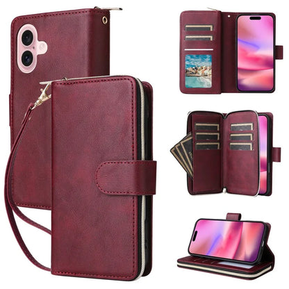 For iPhone 16 Case 9 Card Slots PU Leather Zipper Wallet Phone Cover