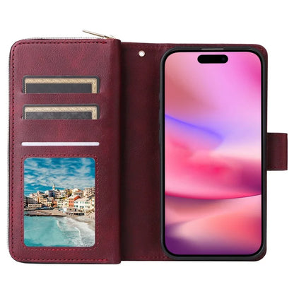 For iPhone 16 Case 9 Card Slots PU Leather Zipper Wallet Phone Cover