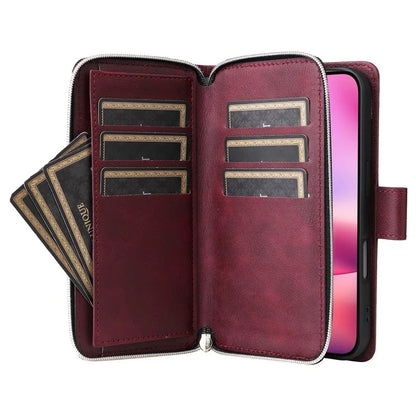 For iPhone 16 Case 9 Card Slots PU Leather Zipper Wallet Phone Cover