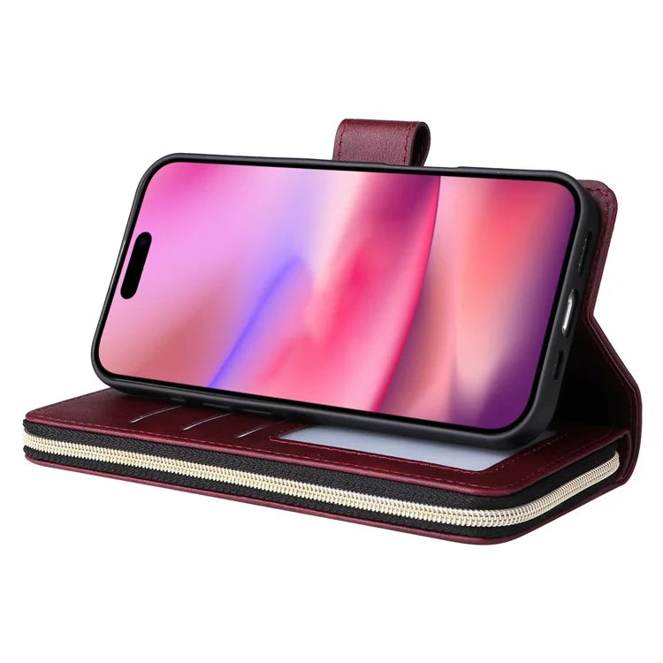 For iPhone 16 Case 9 Card Slots PU Leather Zipper Wallet Phone Cover