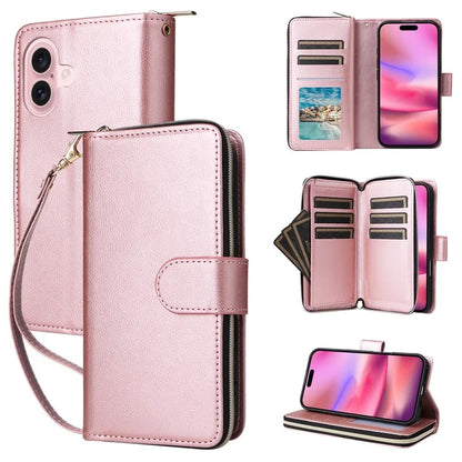 For iPhone 16 Case 9 Card Slots PU Leather Zipper Wallet Phone Cover