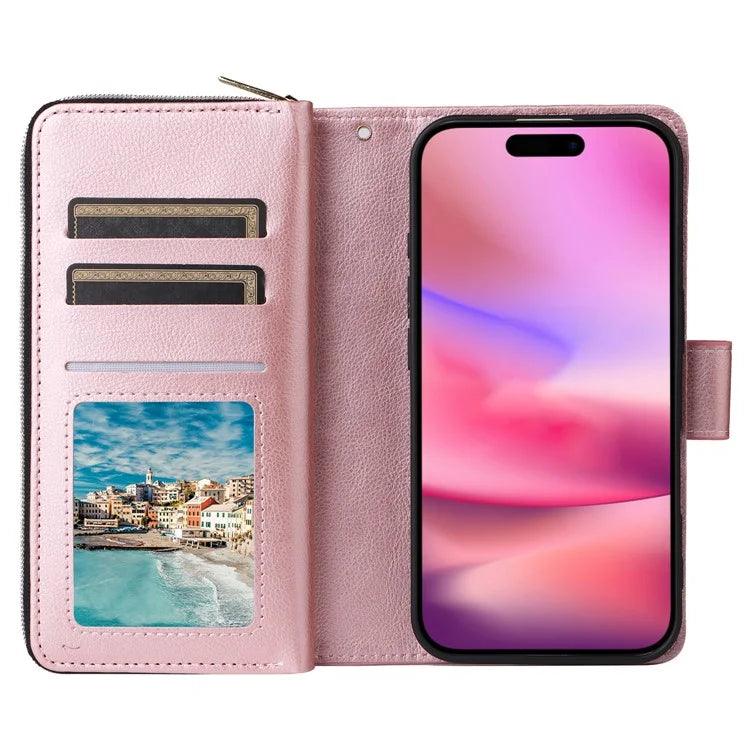 For iPhone 16 Case 9 Card Slots PU Leather Zipper Wallet Phone Cover