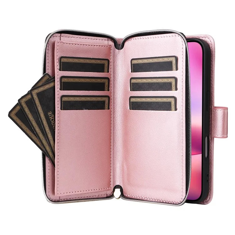 For iPhone 16 Case 9 Card Slots PU Leather Zipper Wallet Phone Cover