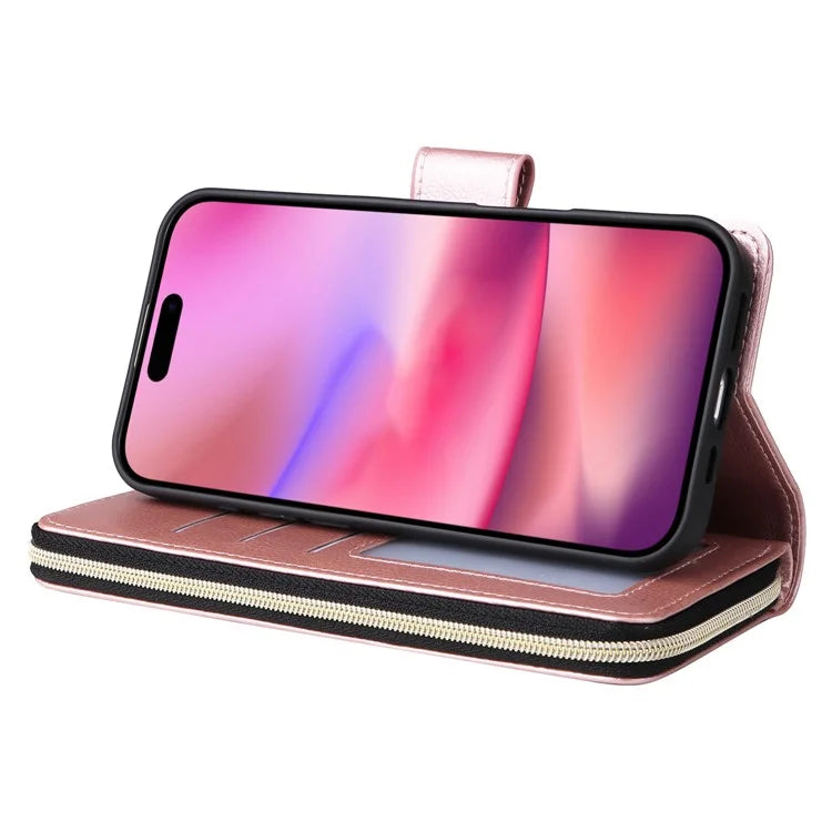 For iPhone 16 Case 9 Card Slots PU Leather Zipper Wallet Phone Cover