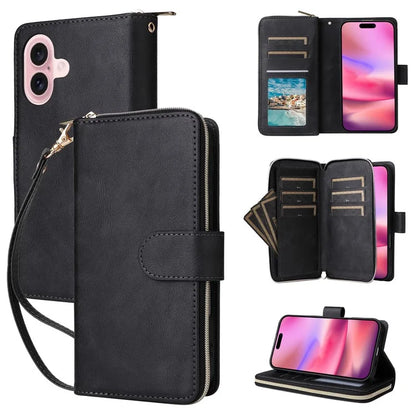 For iPhone 16 Case 9 Card Slots PU Leather Zipper Wallet Phone Cover