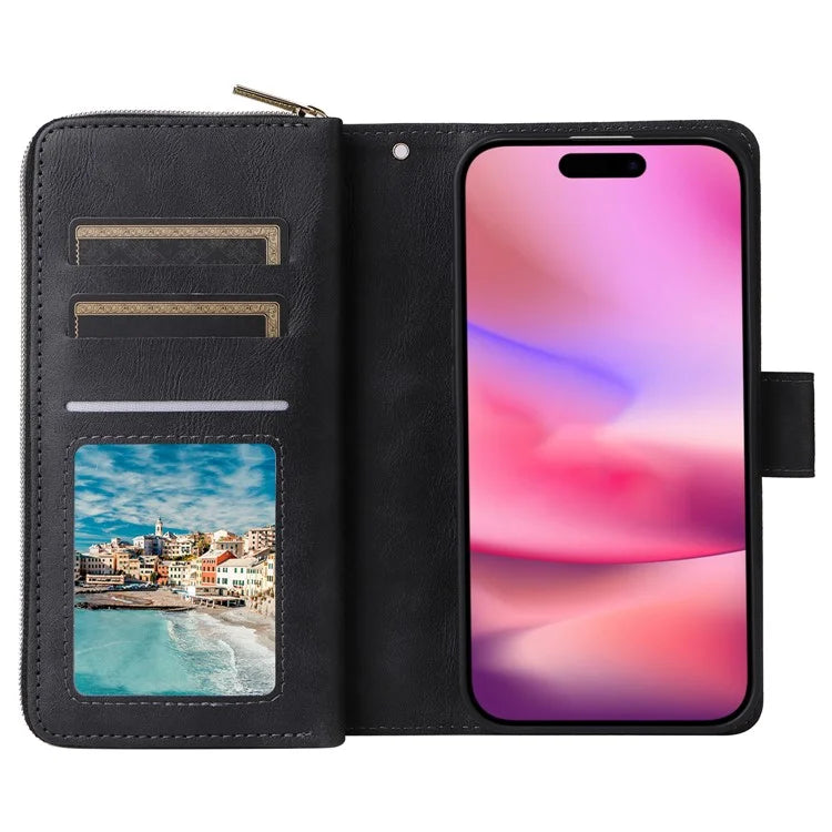 For iPhone 16 Case 9 Card Slots PU Leather Zipper Wallet Phone Cover