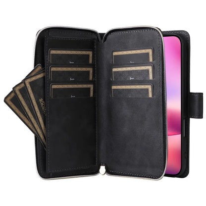 For iPhone 16 Case 9 Card Slots PU Leather Zipper Wallet Phone Cover