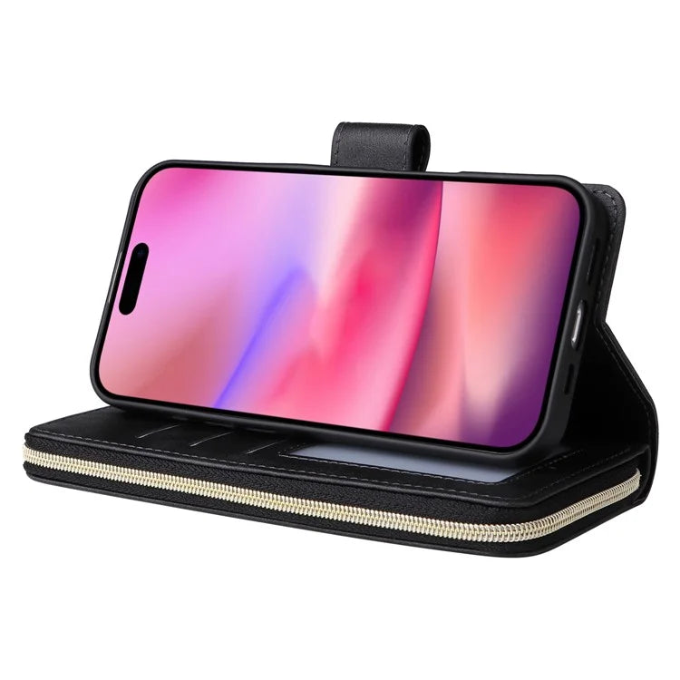 For iPhone 16 Case 9 Card Slots PU Leather Zipper Wallet Phone Cover