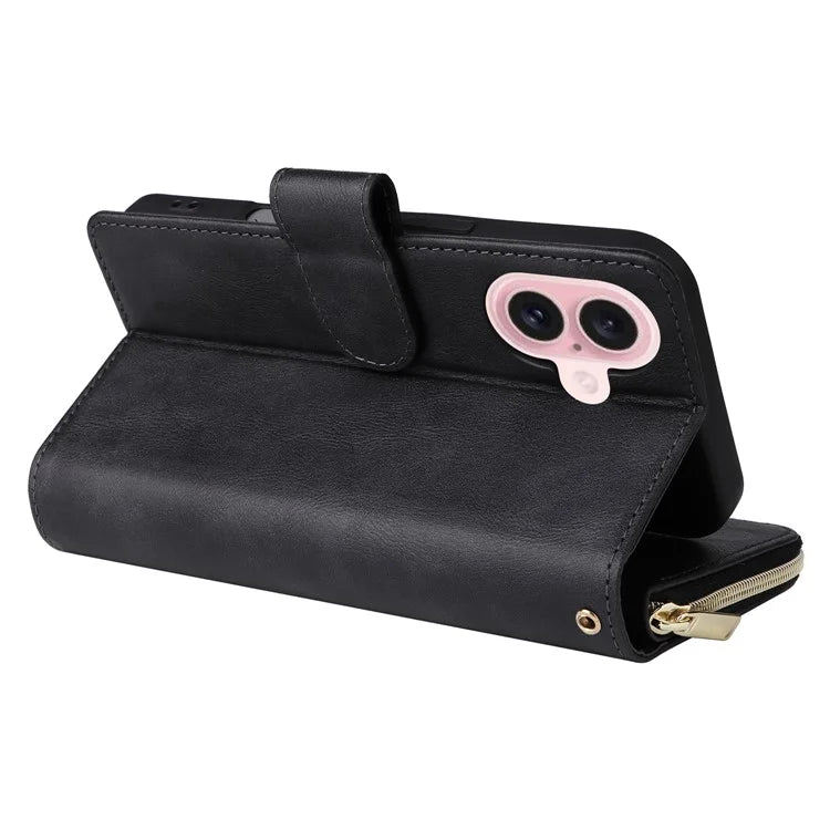 For iPhone 16 Case 9 Card Slots PU Leather Zipper Wallet Phone Cover