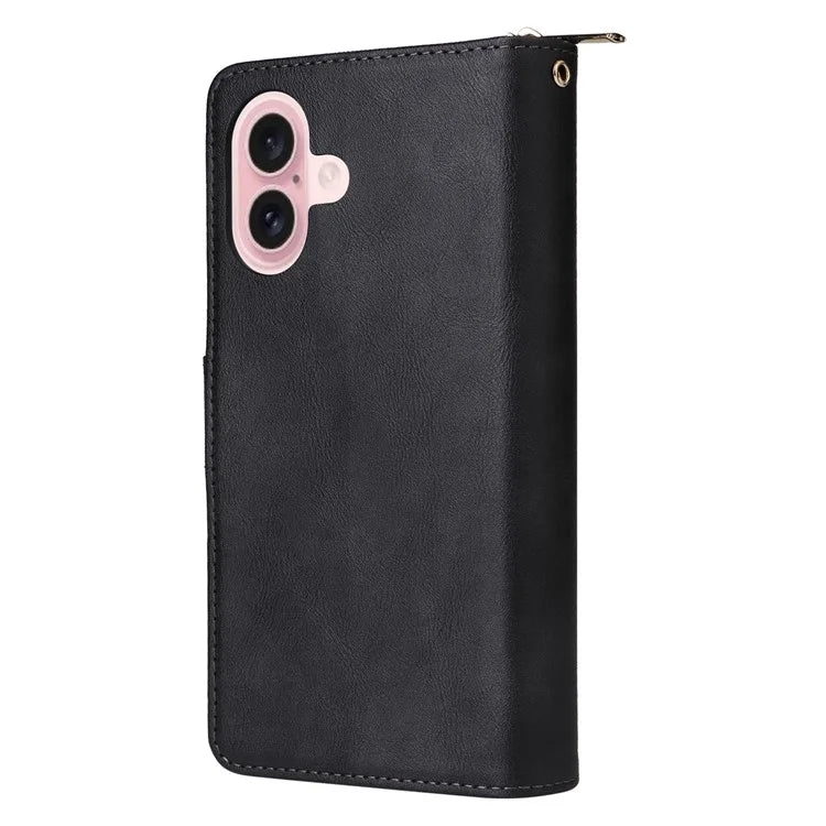 For iPhone 16 Case 9 Card Slots PU Leather Zipper Wallet Phone Cover