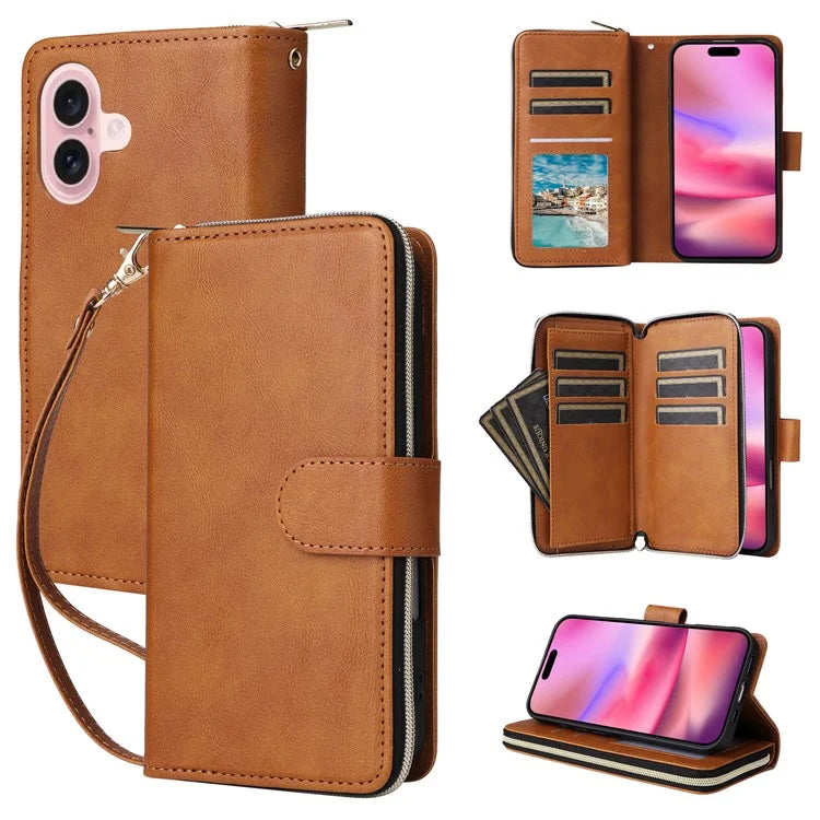 For iPhone 16 Case 9 Card Slots PU Leather Zipper Wallet Phone Cover