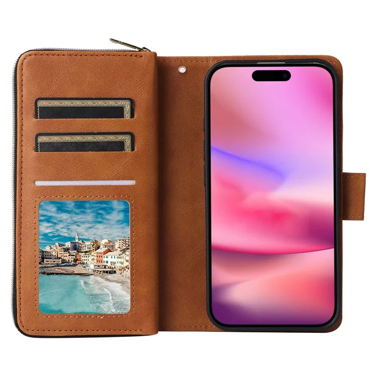 For iPhone 16 Case 9 Card Slots PU Leather Zipper Wallet Phone Cover
