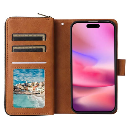 For iPhone 16 Case 9 Card Slots PU Leather Zipper Wallet Phone Cover