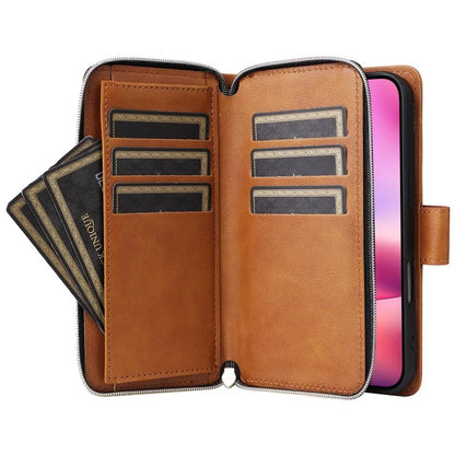 For iPhone 16 Case 9 Card Slots PU Leather Zipper Wallet Phone Cover