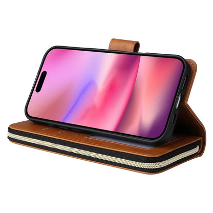For iPhone 16 Case 9 Card Slots PU Leather Zipper Wallet Phone Cover