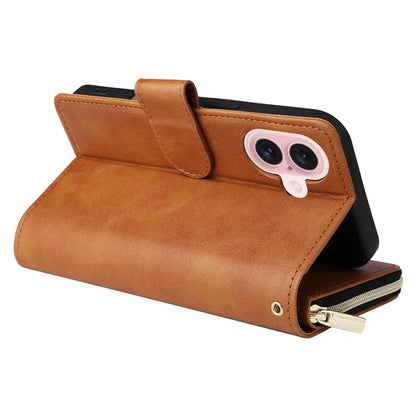 For iPhone 16 Case 9 Card Slots PU Leather Zipper Wallet Phone Cover