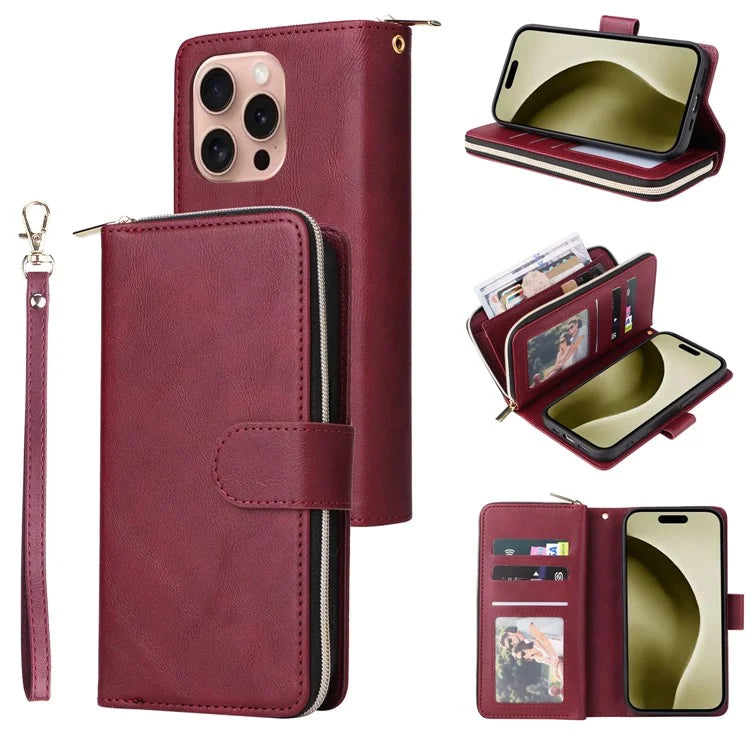 For iPhone 16 Pro Case PU Leather Zipper Phone Cover with 9 Card Slots
