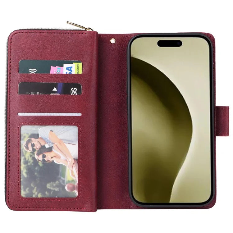 For iPhone 16 Pro Case PU Leather Zipper Phone Cover with 9 Card Slots