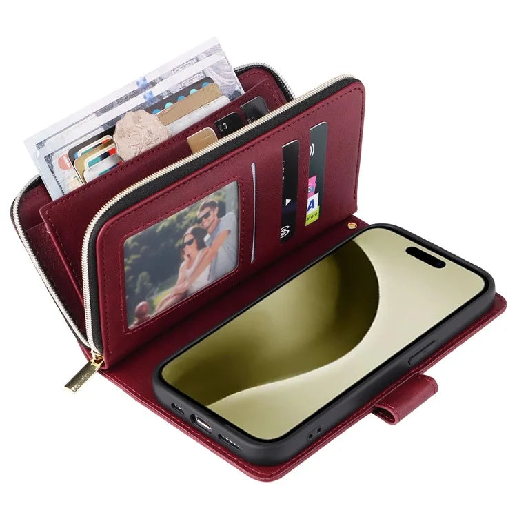 For iPhone 16 Pro Case PU Leather Zipper Phone Cover with 9 Card Slots