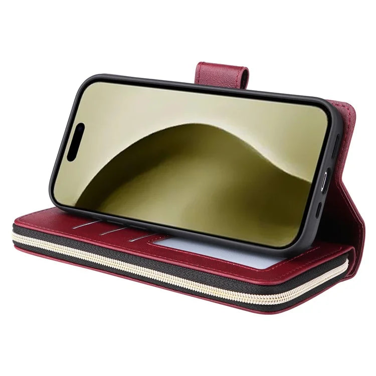 For iPhone 16 Pro Case PU Leather Zipper Phone Cover with 9 Card Slots
