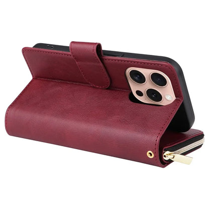 For iPhone 16 Pro Case PU Leather Zipper Phone Cover with 9 Card Slots