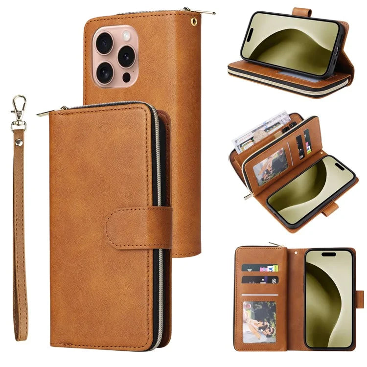 For iPhone 16 Pro Case PU Leather Zipper Phone Cover with 9 Card Slots