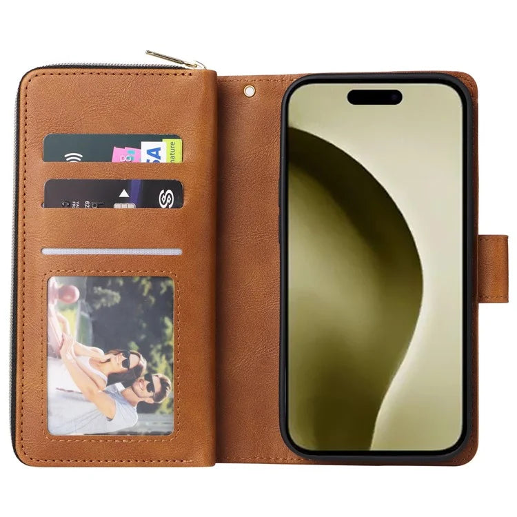 For iPhone 16 Pro Case PU Leather Zipper Phone Cover with 9 Card Slots