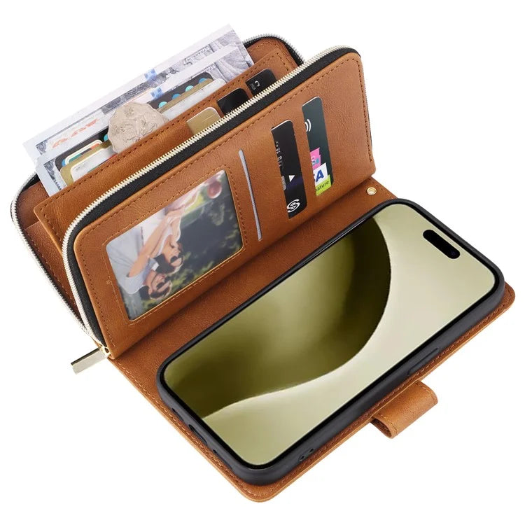 For iPhone 16 Pro Case PU Leather Zipper Phone Cover with 9 Card Slots