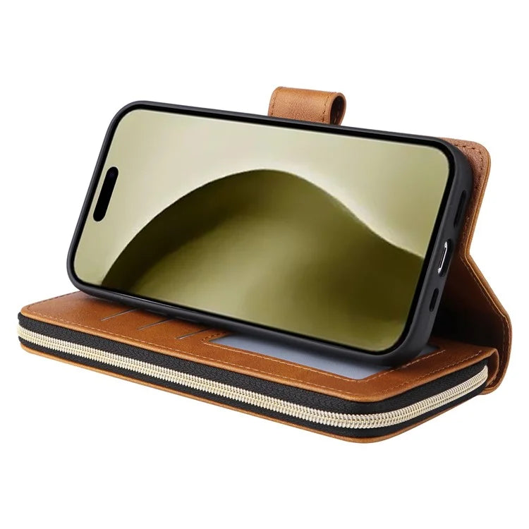 For iPhone 16 Pro Case PU Leather Zipper Phone Cover with 9 Card Slots
