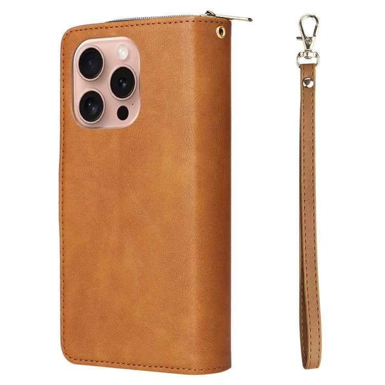 For iPhone 16 Pro Case PU Leather Zipper Phone Cover with 9 Card Slots