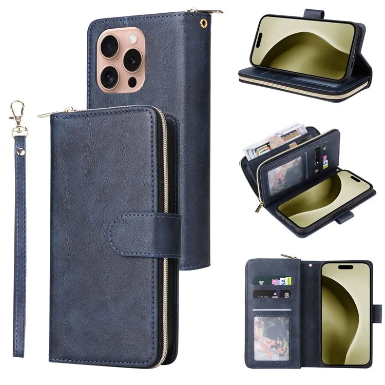 For iPhone 16 Pro Case PU Leather Zipper Phone Cover with 9 Card Slots