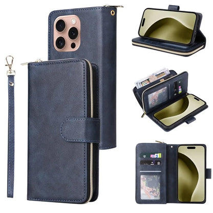 For iPhone 16 Pro Case PU Leather Zipper Phone Cover with 9 Card Slots