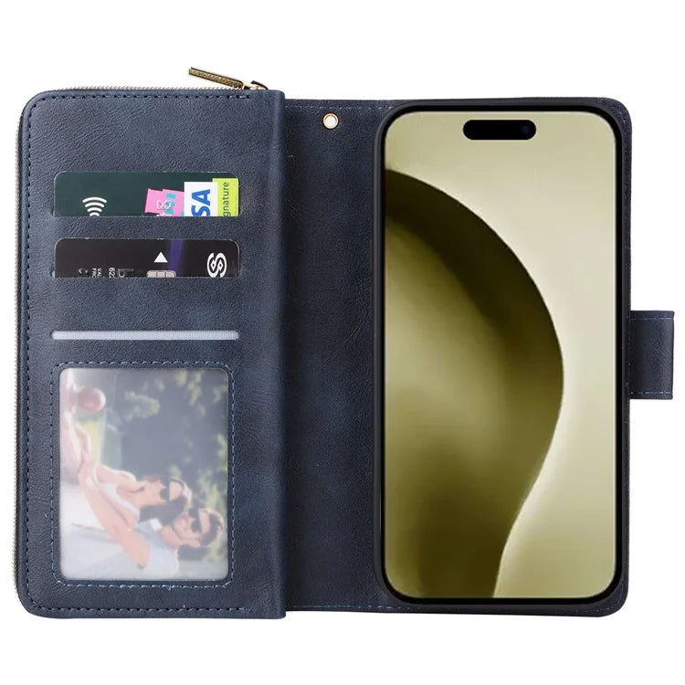 For iPhone 16 Pro Case PU Leather Zipper Phone Cover with 9 Card Slots