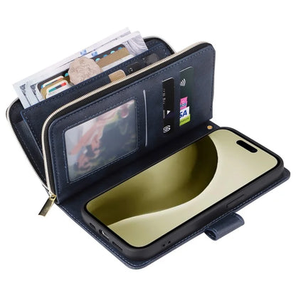For iPhone 16 Pro Case PU Leather Zipper Phone Cover with 9 Card Slots