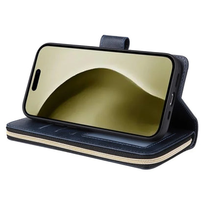 For iPhone 16 Pro Case PU Leather Zipper Phone Cover with 9 Card Slots