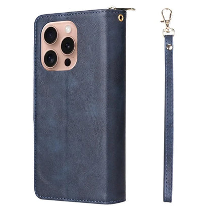 For iPhone 16 Pro Case PU Leather Zipper Phone Cover with 9 Card Slots