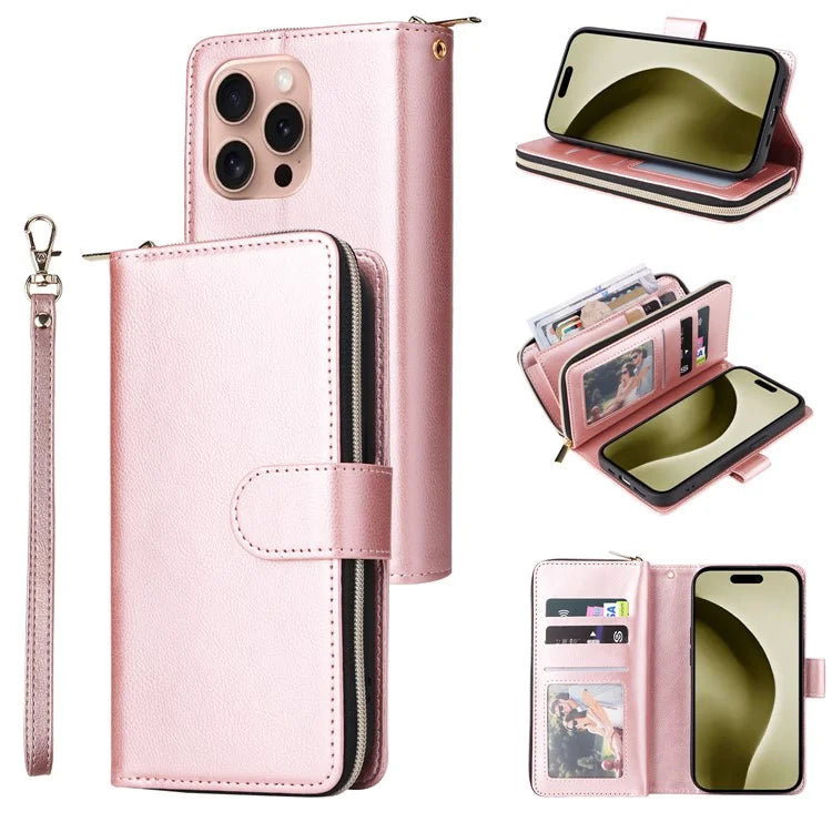 For iPhone 16 Pro Case PU Leather Zipper Phone Cover with 9 Card Slots