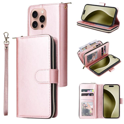 For iPhone 16 Pro Case PU Leather Zipper Phone Cover with 9 Card Slots