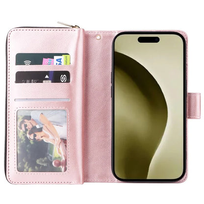 For iPhone 16 Pro Case PU Leather Zipper Phone Cover with 9 Card Slots
