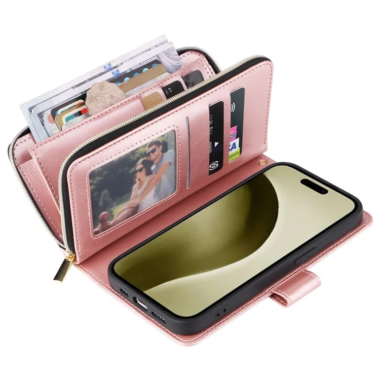 For iPhone 16 Pro Case PU Leather Zipper Phone Cover with 9 Card Slots
