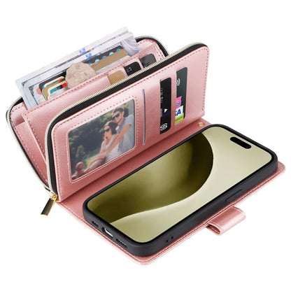 For iPhone 16 Pro Case PU Leather Zipper Phone Cover with 9 Card Slots