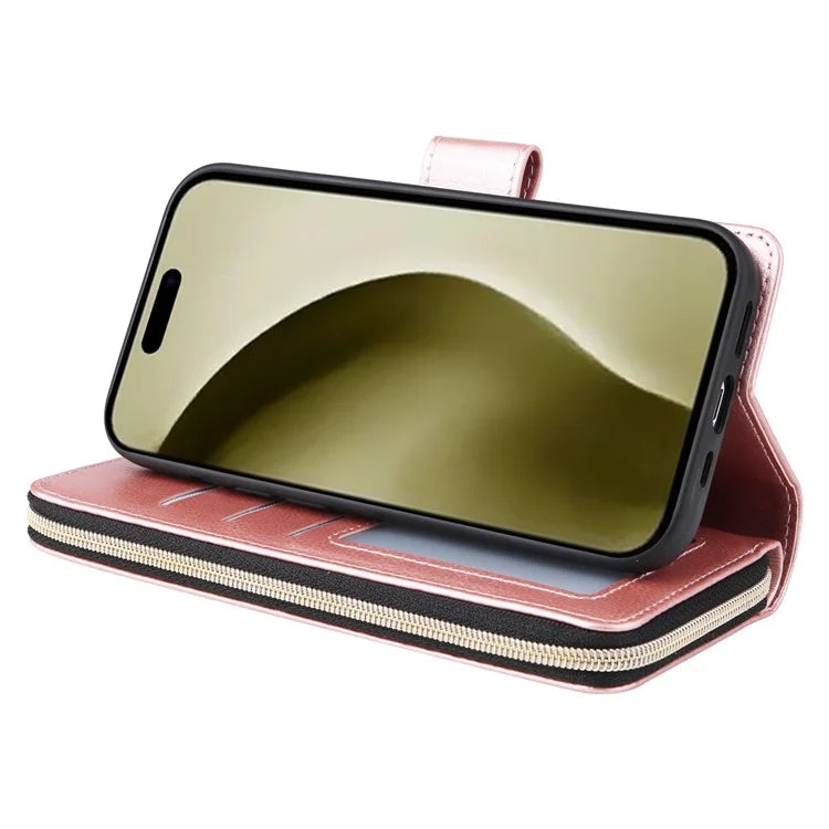 For iPhone 16 Pro Case PU Leather Zipper Phone Cover with 9 Card Slots
