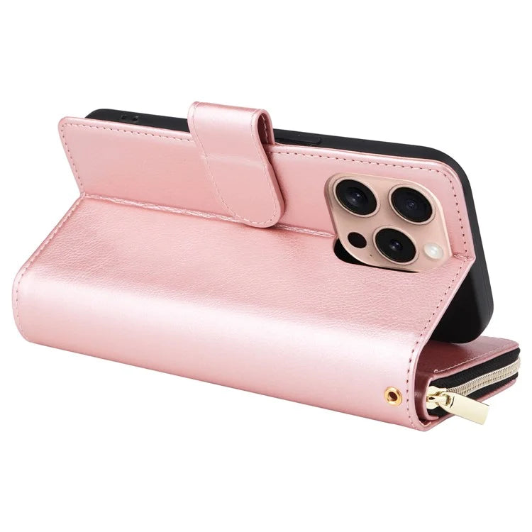 For iPhone 16 Pro Case PU Leather Zipper Phone Cover with 9 Card Slots