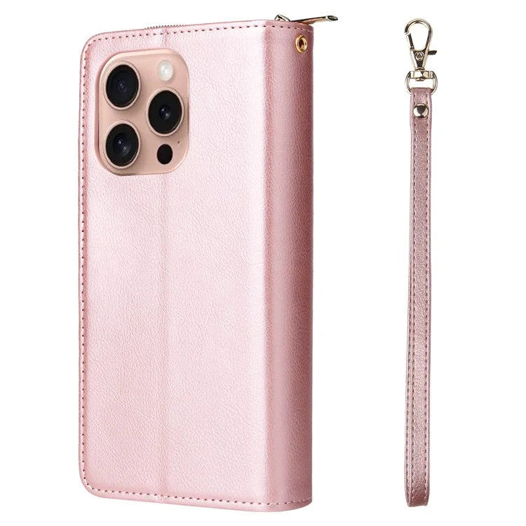 For iPhone 16 Pro Case PU Leather Zipper Phone Cover with 9 Card Slots