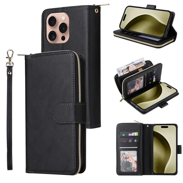 For iPhone 16 Pro Case PU Leather Zipper Phone Cover with 9 Card Slots