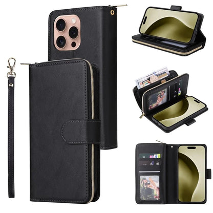 For iPhone 16 Pro Case PU Leather Zipper Phone Cover with 9 Card Slots