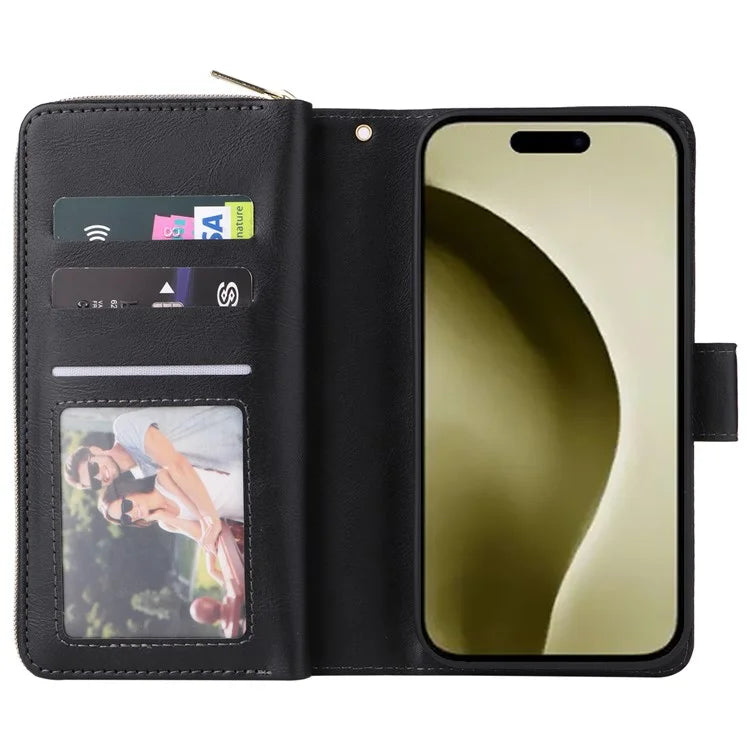 For iPhone 16 Pro Case PU Leather Zipper Phone Cover with 9 Card Slots