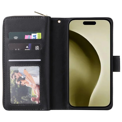 For iPhone 16 Pro Case PU Leather Zipper Phone Cover with 9 Card Slots